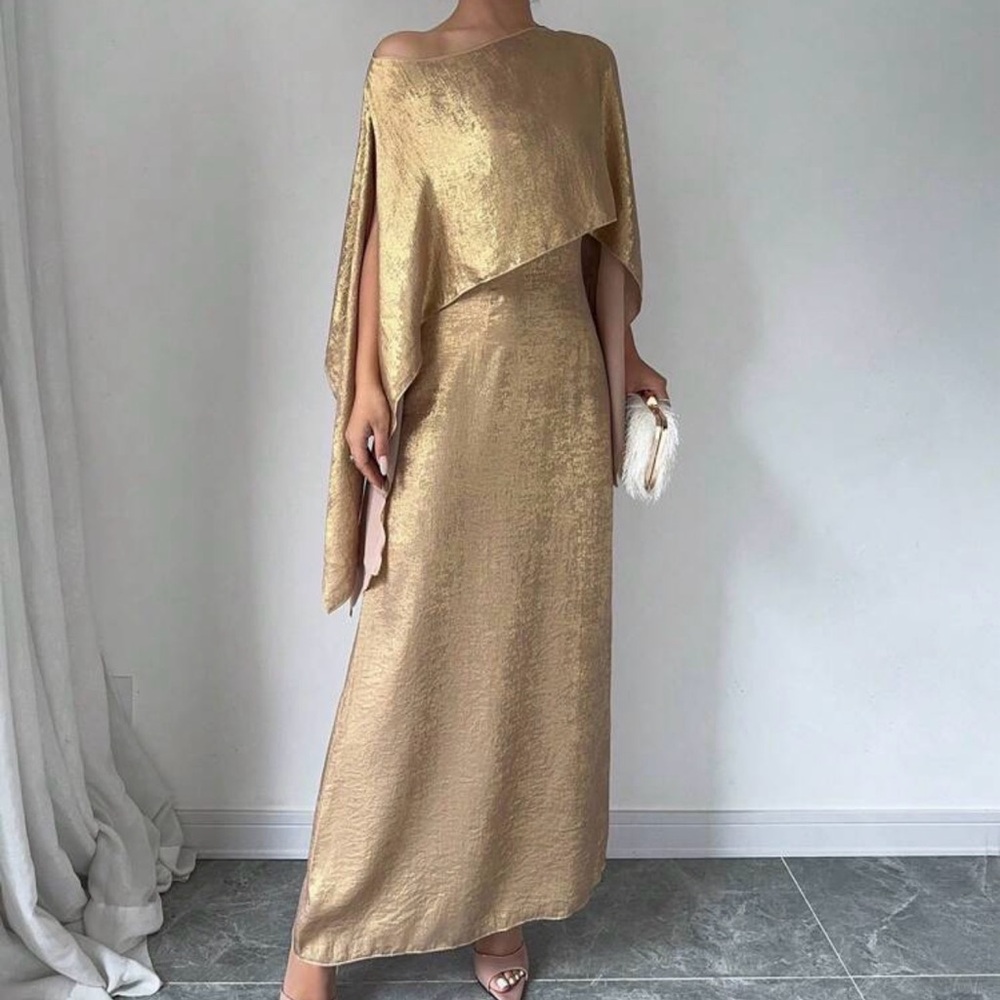 Elegant Gold One-Shoulder Evening Gown - Women Dresses